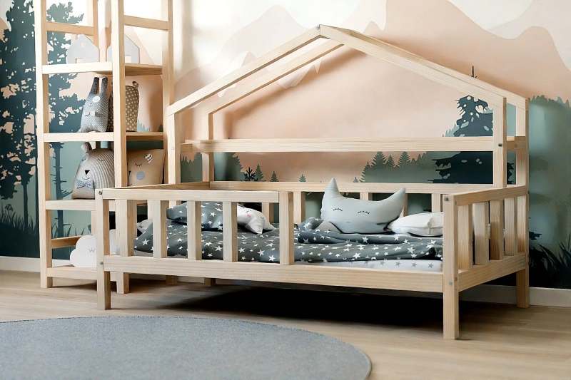 łóżko domek z półką w stylu montessori, łóżko dziecięce domek